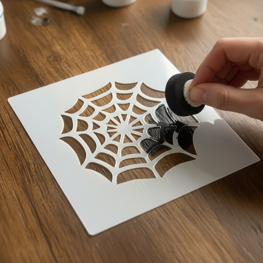 Spider Web Stencil in Use on Wood